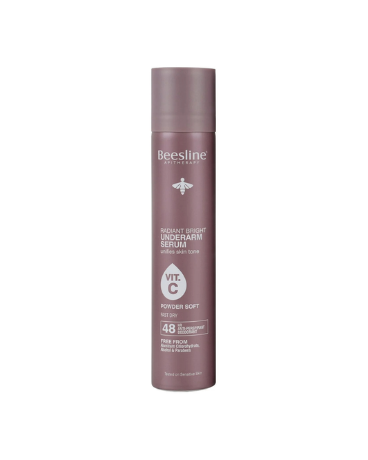 Beesline radiant bright underarm serum bottle on a white background