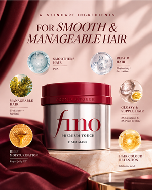 A jar of FINO Premium Touch Hair Mask centered on a styled background with draped burgundy fabric and text callouts about six skincare ingredients for smooth and manageable hair.