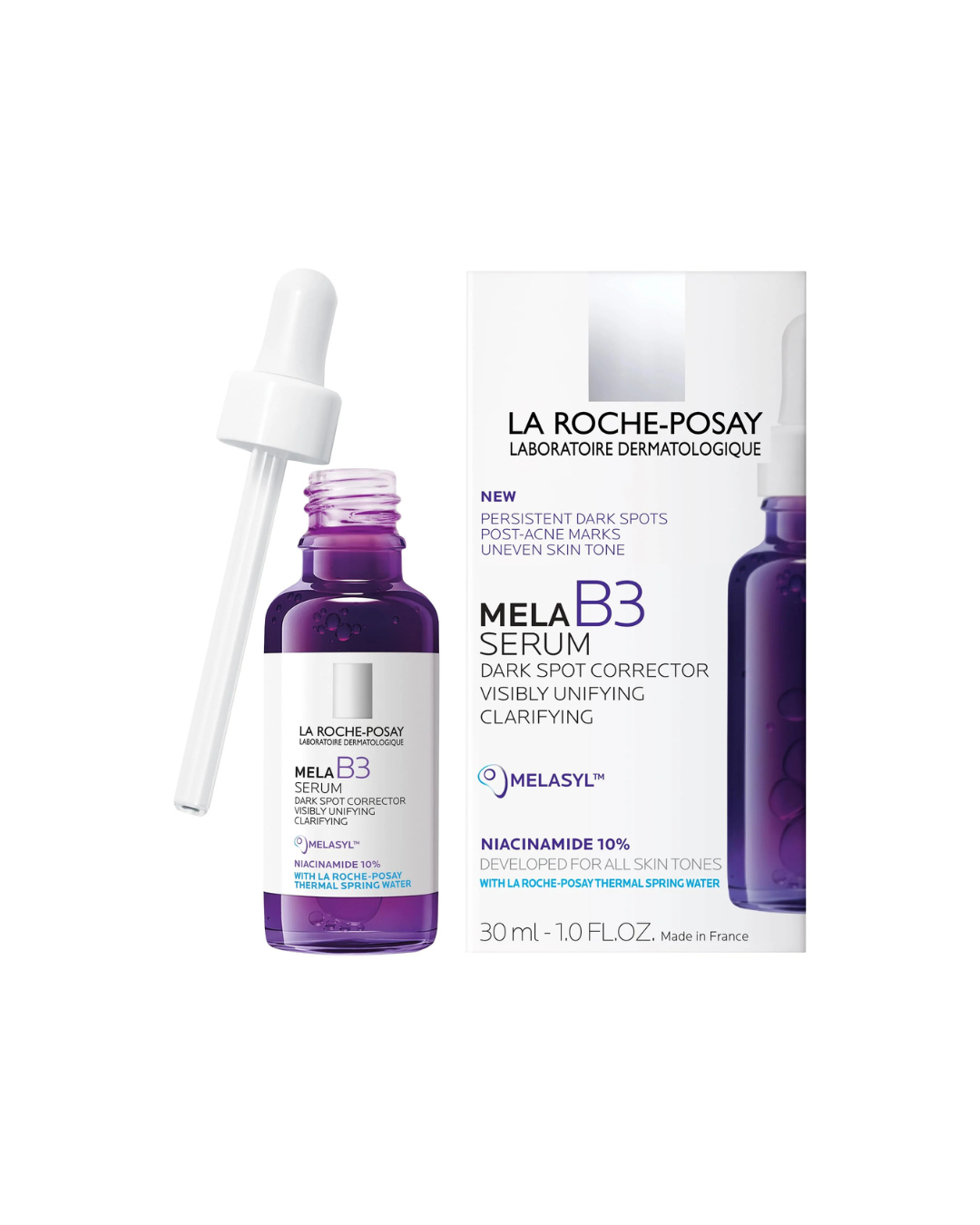 La Roche-Posay Mela B3 Serum with dropper on a white background