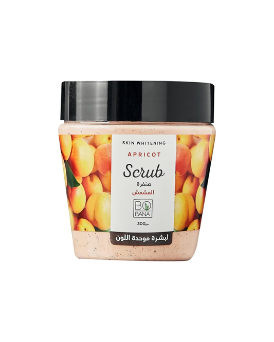 Jar of apricot scrub with apricot images on a white background