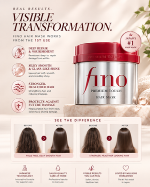 A jar of FINO Premium Touch Hair Mask centered on a styled background.