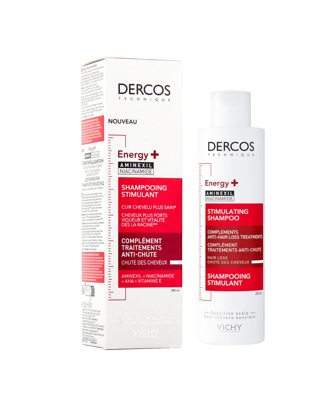 Dercos Technologique Energy + Aminele Stimulant Shampooing Shampoo bottle and packaging box, white with red and black accents, on a white background.