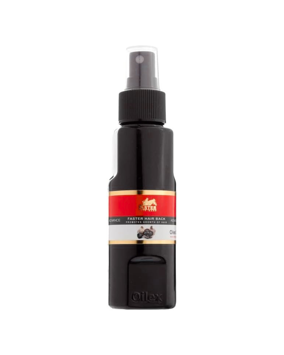 Black spray bottle with a red label on a white background