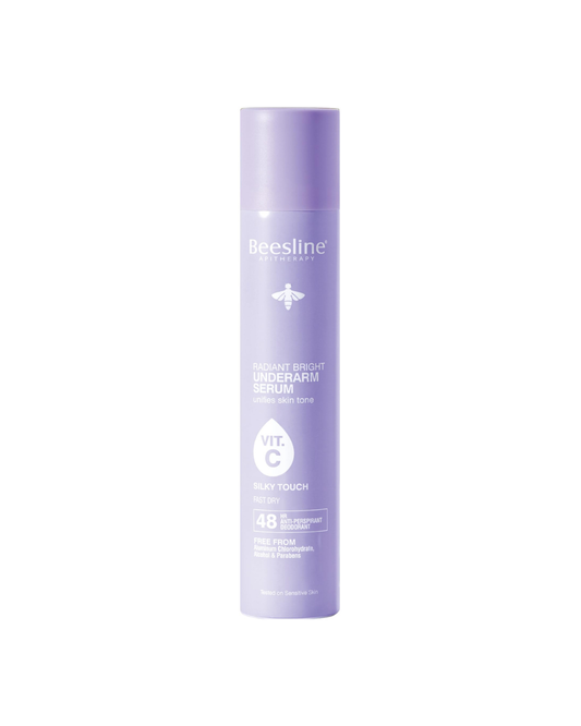Purple bottle of Beesline Underarm Serum on a white background