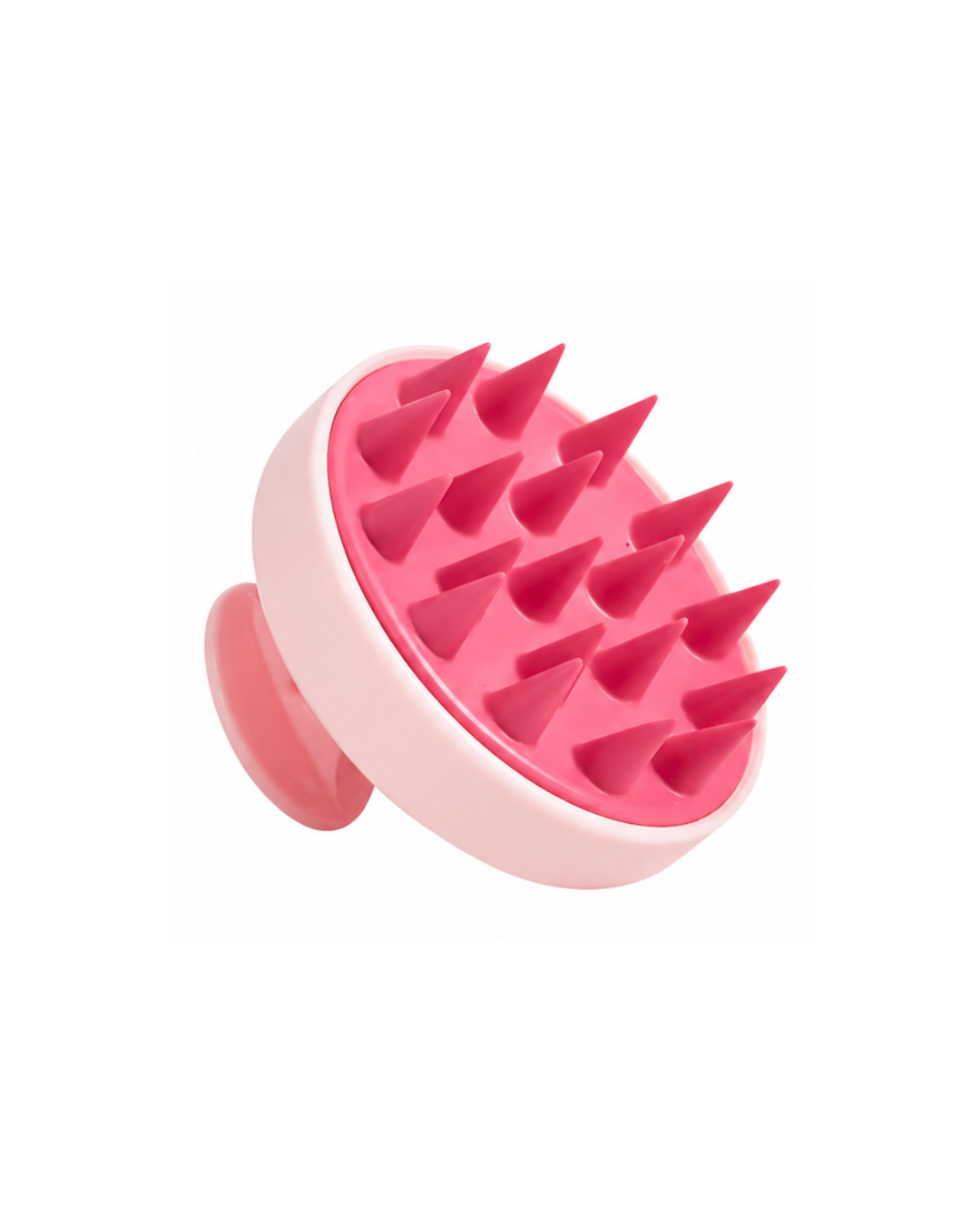 Pink hair massager grooming tool with spike-like projections on a white background