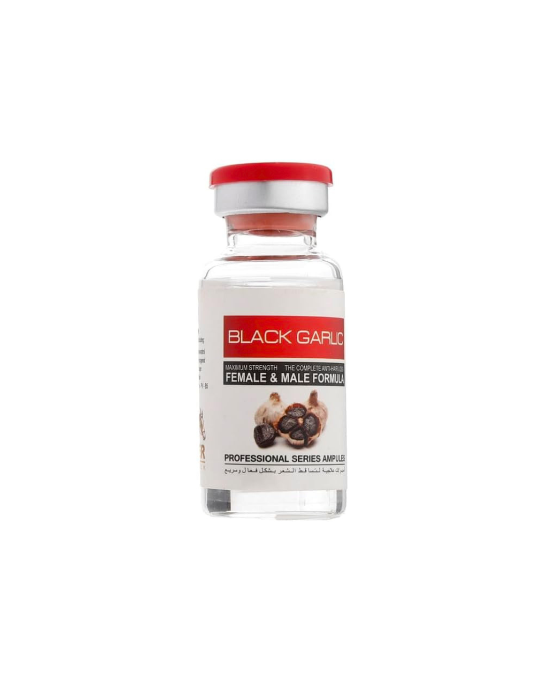 Black Garlic bottle with red cap on a white background