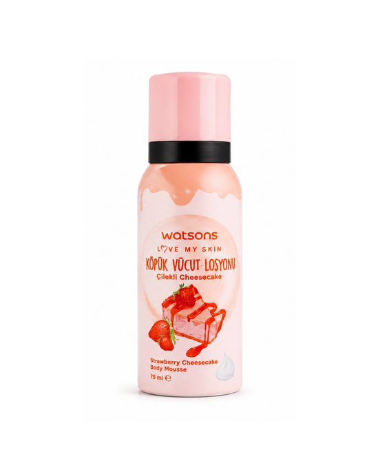 Watsons strawberry cheesecake body scrub bottle on a white background