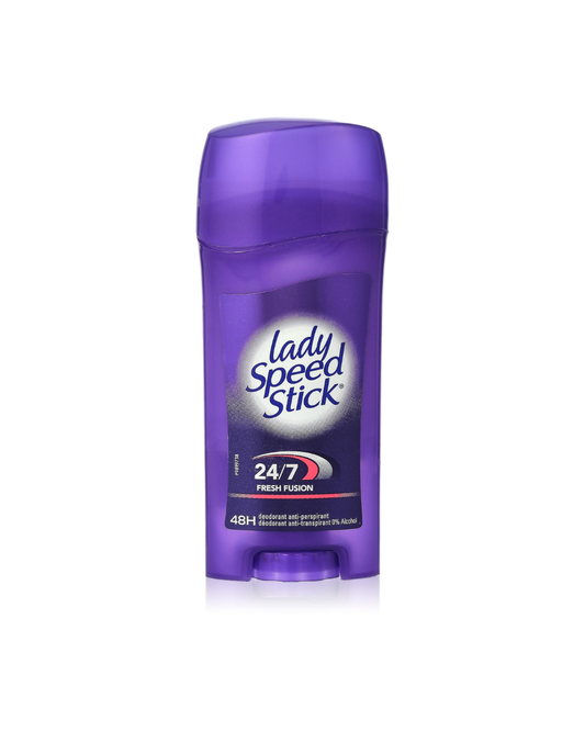Purple deodorant stick with 'Lady Speed Stick' branding on a white background