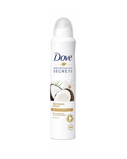 Dove Nourishing Secrets deodorant spray bottle on a white background