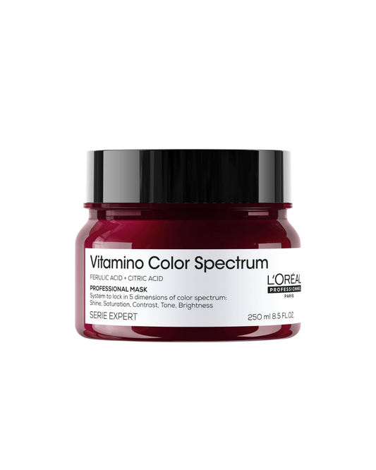 L'Oréal Professionnel Serene Expert Vitamino Color Spectrum Professional Mask in a dark red jar with a black lid and white label, on a white background.