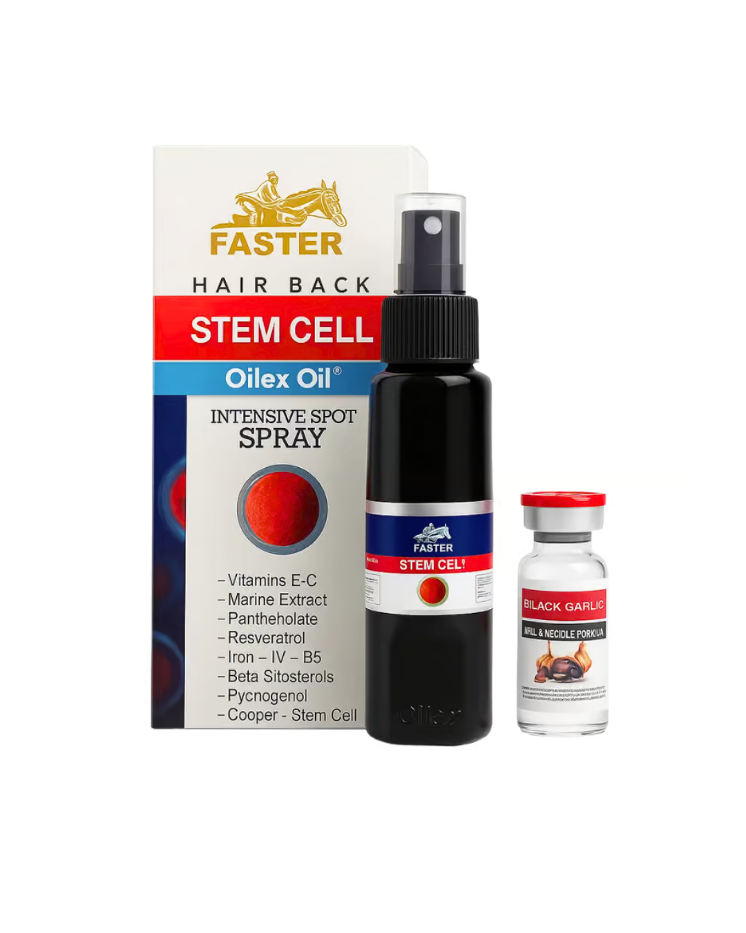 Faster Hair Back STEM CELL Oilex Oil Intensive Spot Spray with packaging and a small bottle on a white background