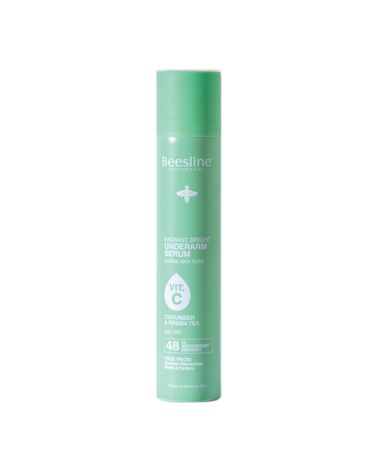 Green deodorant bottle with 'Beesline' branding on a white background