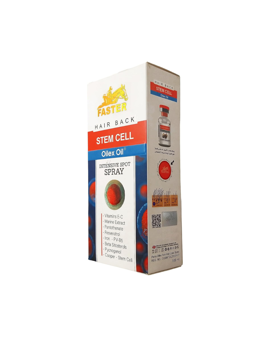 Box of Faster Hair Back Stem Cell Oilex Oil Intensive Spot Spray on a white background