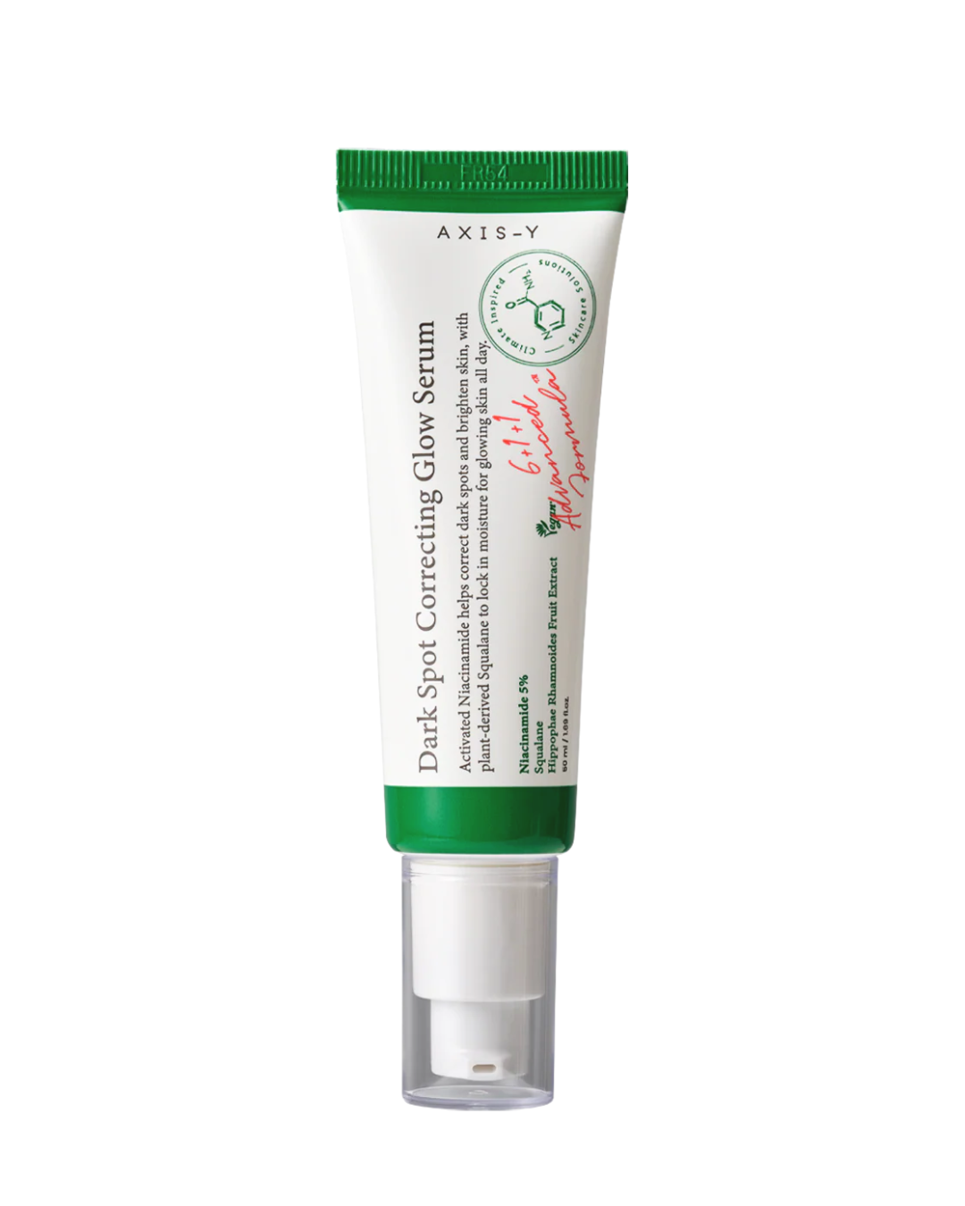 Axis-Y Dark Spot Correcting Glow Serum in a white squeeze tube with a green cap and clear pump, shown on a plain white background.