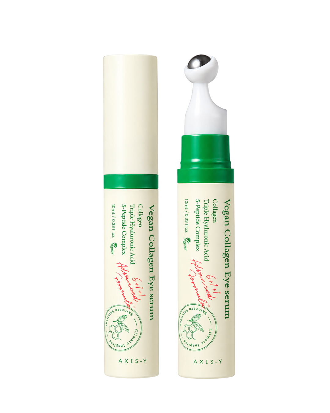 Two views of an AXIS-Y Vegan Collagen Eye Serum in a white and green tube, showing both the closed packaging and the applicator tip with a silver ball.