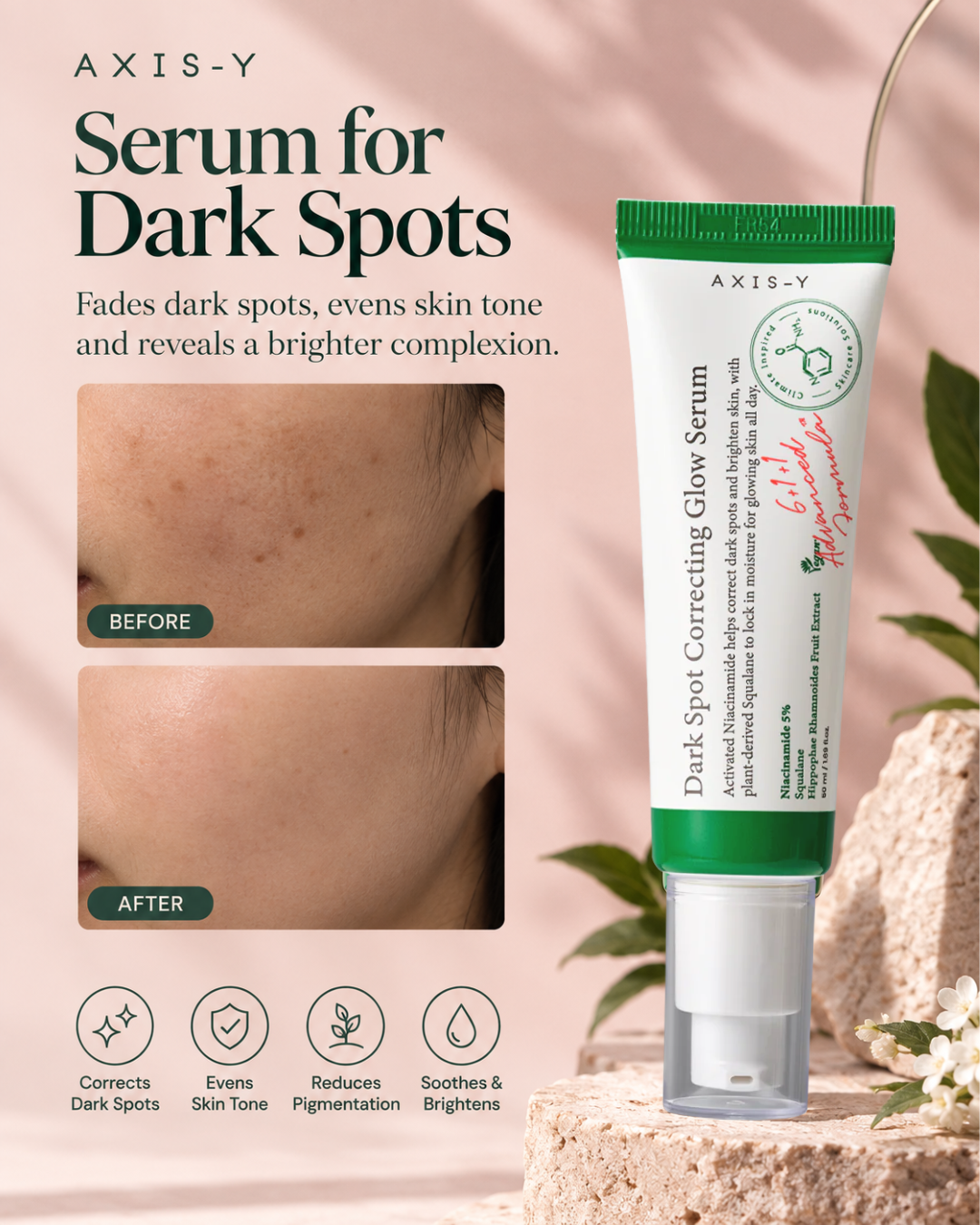 Axis-Y Serum for Dark Spots shown in a promotional graphic with a squeeze tube on a stone pedestal, before-and-after skin close-ups, and benefit icons on a soft pink background.