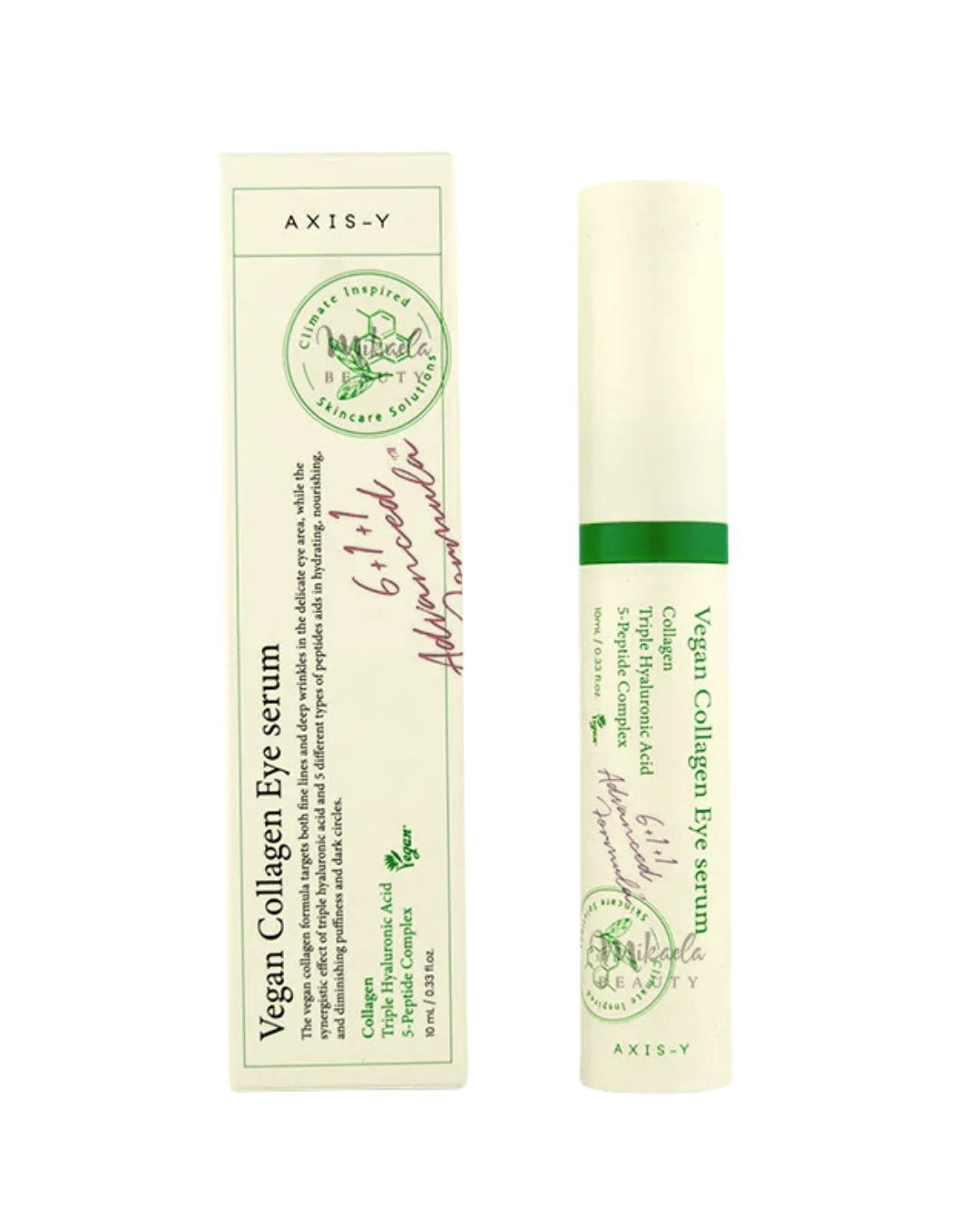 Axis-Y Vegan Collagen Eye Serum shown with its cream-colored outer box and the cylindrical eye-tray tube with a green band, on a plain white background.
