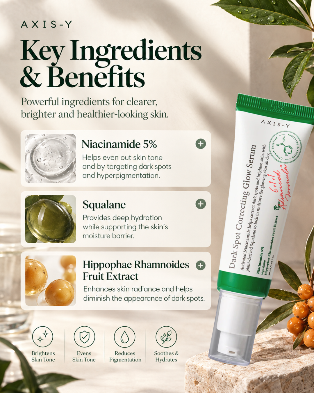 A skincare tube labeled AXIS-Y Dark Spot Correcting Glow Serum shown on a styled beige background with ingredient callouts and decorative leaves/berries. The product tube is white with a green cap and green text, and the image includes text describing key ingredients like Niacinamide 5%, Squalane, and Hippocampe Rhamnoides Fruit Extract.