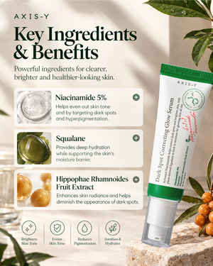 A skincare tube labeled AXIS-Y Dark Spot Correcting Glow Serum shown on a styled beige background with ingredient callouts and decorative leaves/berries. The product tube is white with a green cap and green text, and the image includes text describing key ingredients like Niacinamide 5%, Squalane, and Hippocampe Rhamnoides Fruit Extract.