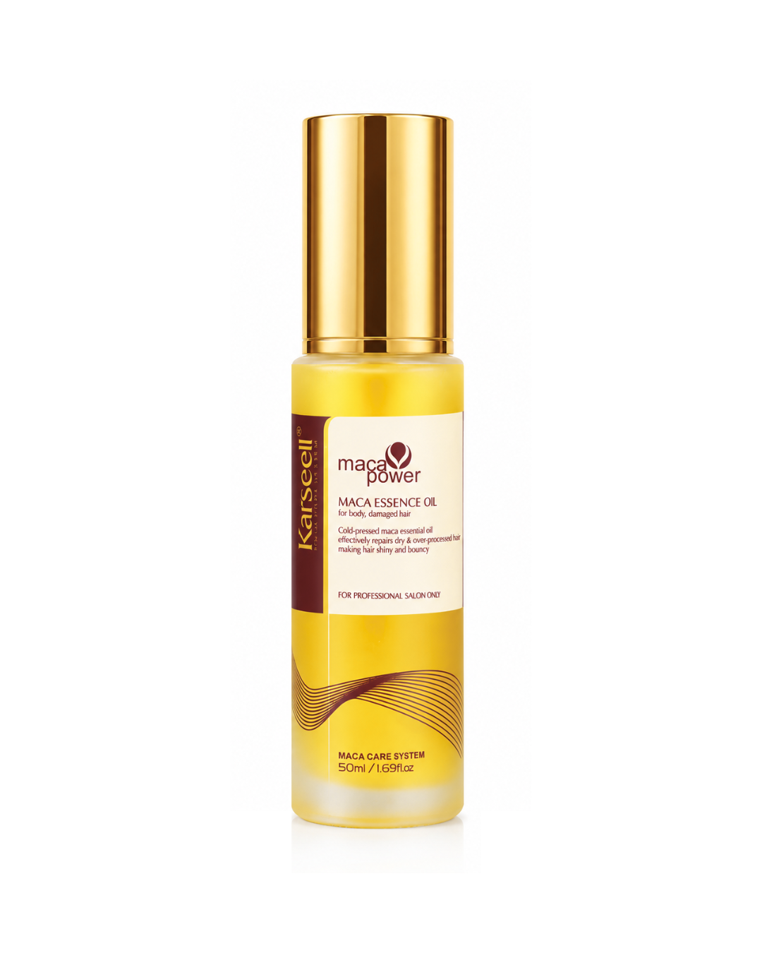 Karsell Maca Essence Oil in a clear cylindrical bottle with a shiny gold cap, showing the golden-yellow oil inside, on a white background.