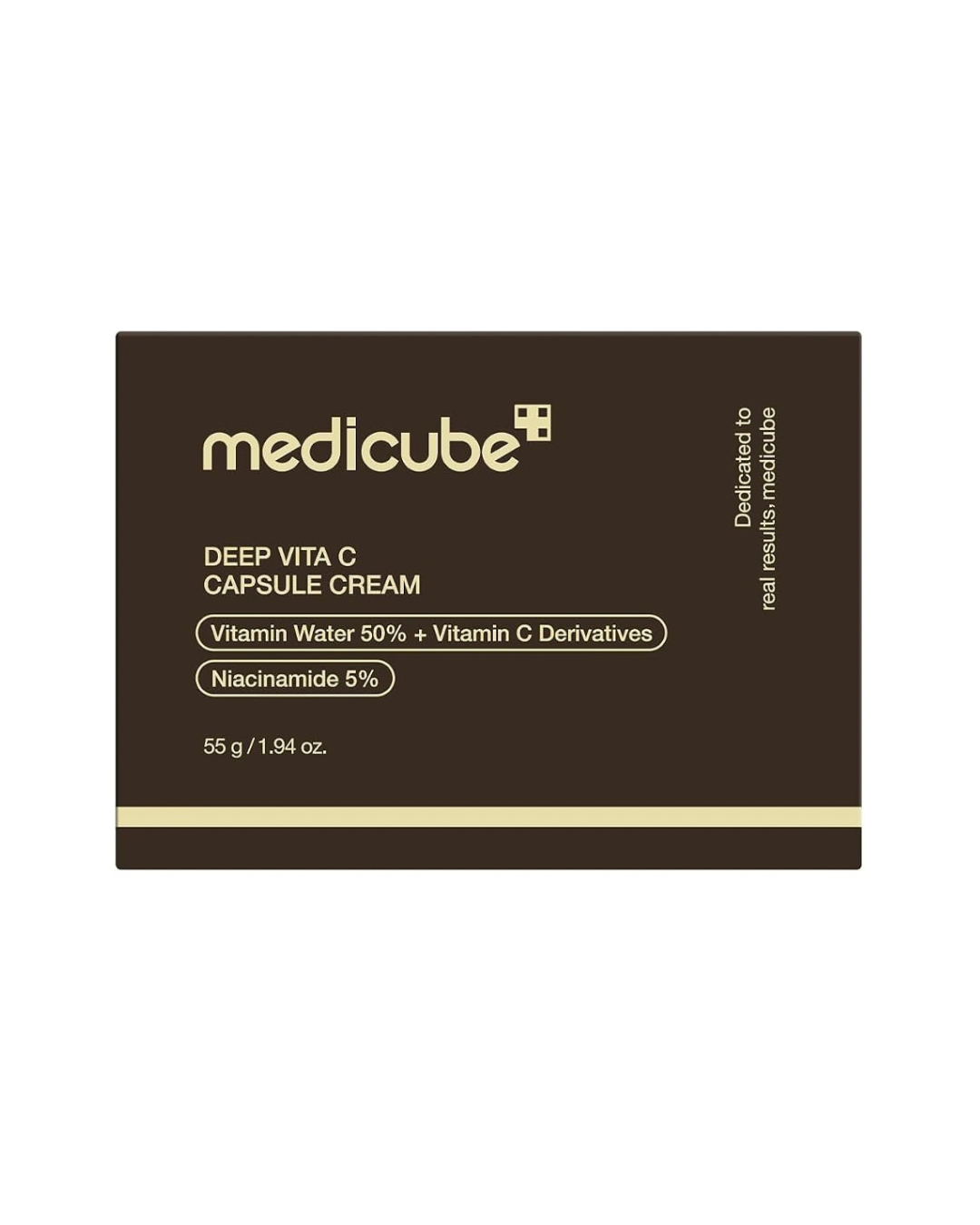Medicube Deep Vita C Capsule Cream packaging box in dark brown with gold text and a gold stripe, shown on a plain white background.