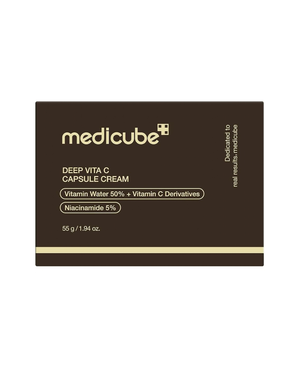 Medicube Deep Vita C Capsule Cream packaging box in dark brown with gold text and a gold stripe, shown on a plain white background.