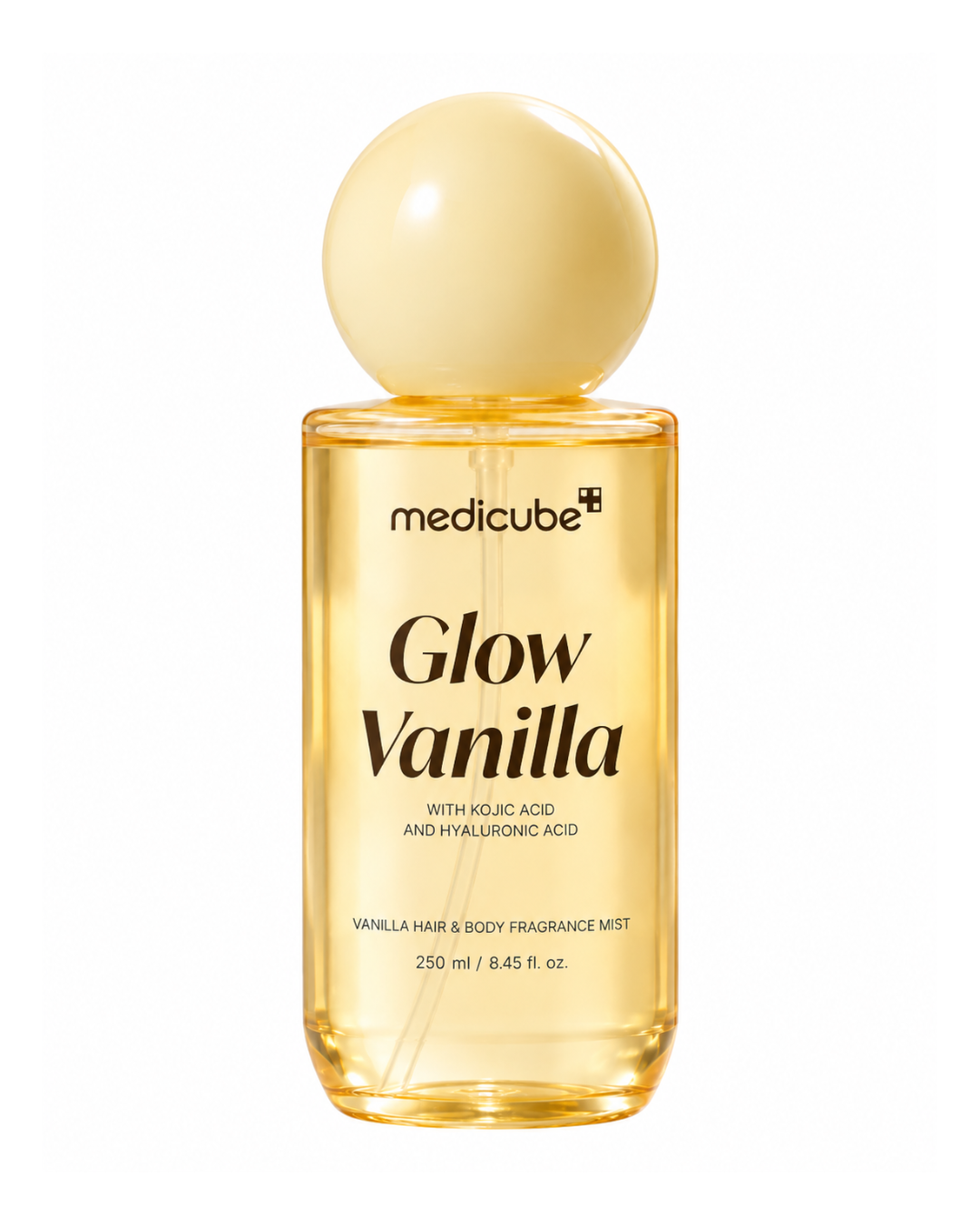 Medicube Glow Vanilla Hair & Body Fragrance Mist yellow bottle 250 ml on white background