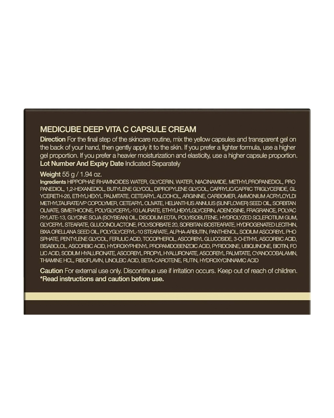 A dark brown rectangular product information card with white text detailing directions, ingredients, and caution for Medicube Deep Vita C Capsule Cream.