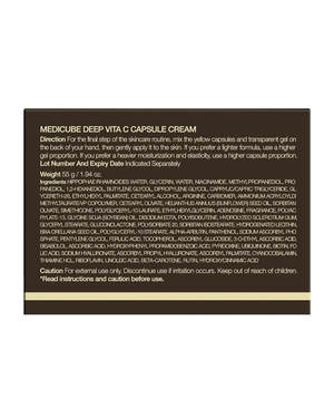 A dark brown rectangular product information card with white text detailing directions, ingredients, and caution for Medicube Deep Vita C Capsule Cream.
