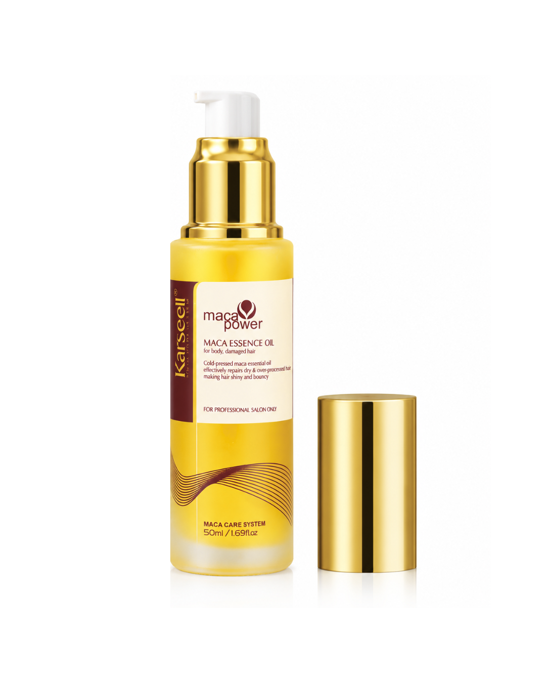 Karswell Marge Power Mac Essence Oil in a gold pump bottle with a white cap, shown next to its separate gold cap on a white background.