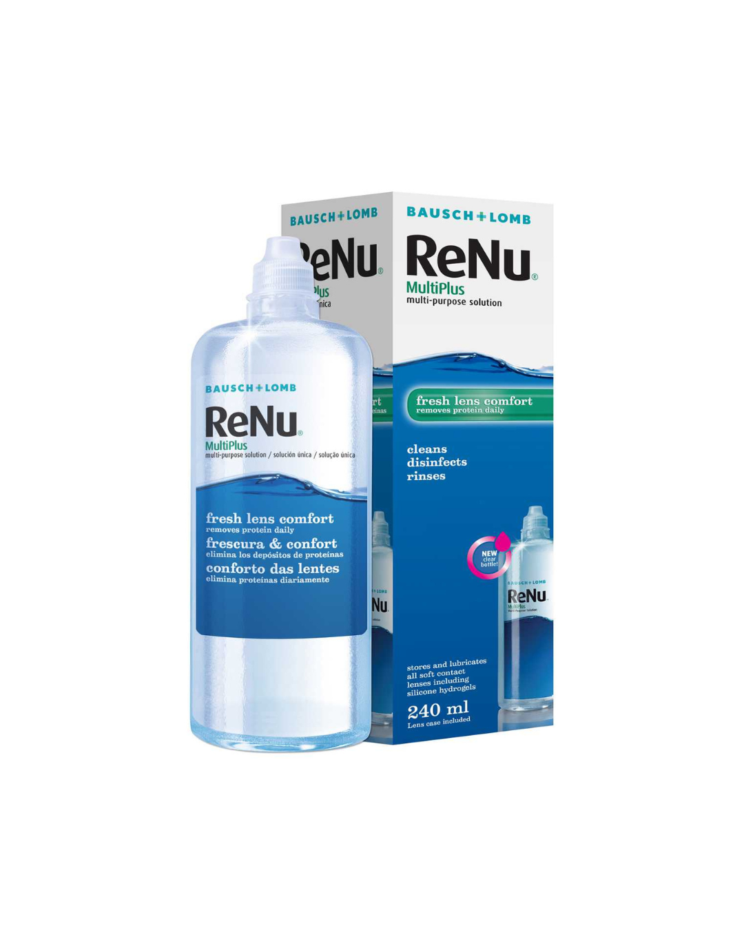 A bottle of Bausch + Lomb ReNu MultiPlus contact lens solution next to its retail box, shown on a plain white background.