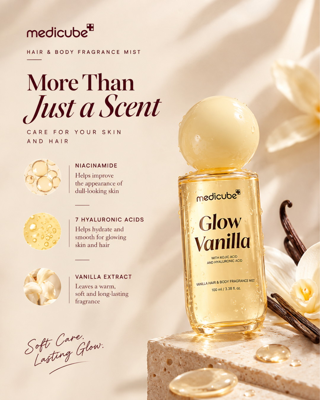 Medicube Glow Vanilla hair and body fragrance mist bottle displayed on a stone pedestal with vanilla flowers, vanilla bean, and droplets, alongside product benefits text on a warm beige background.