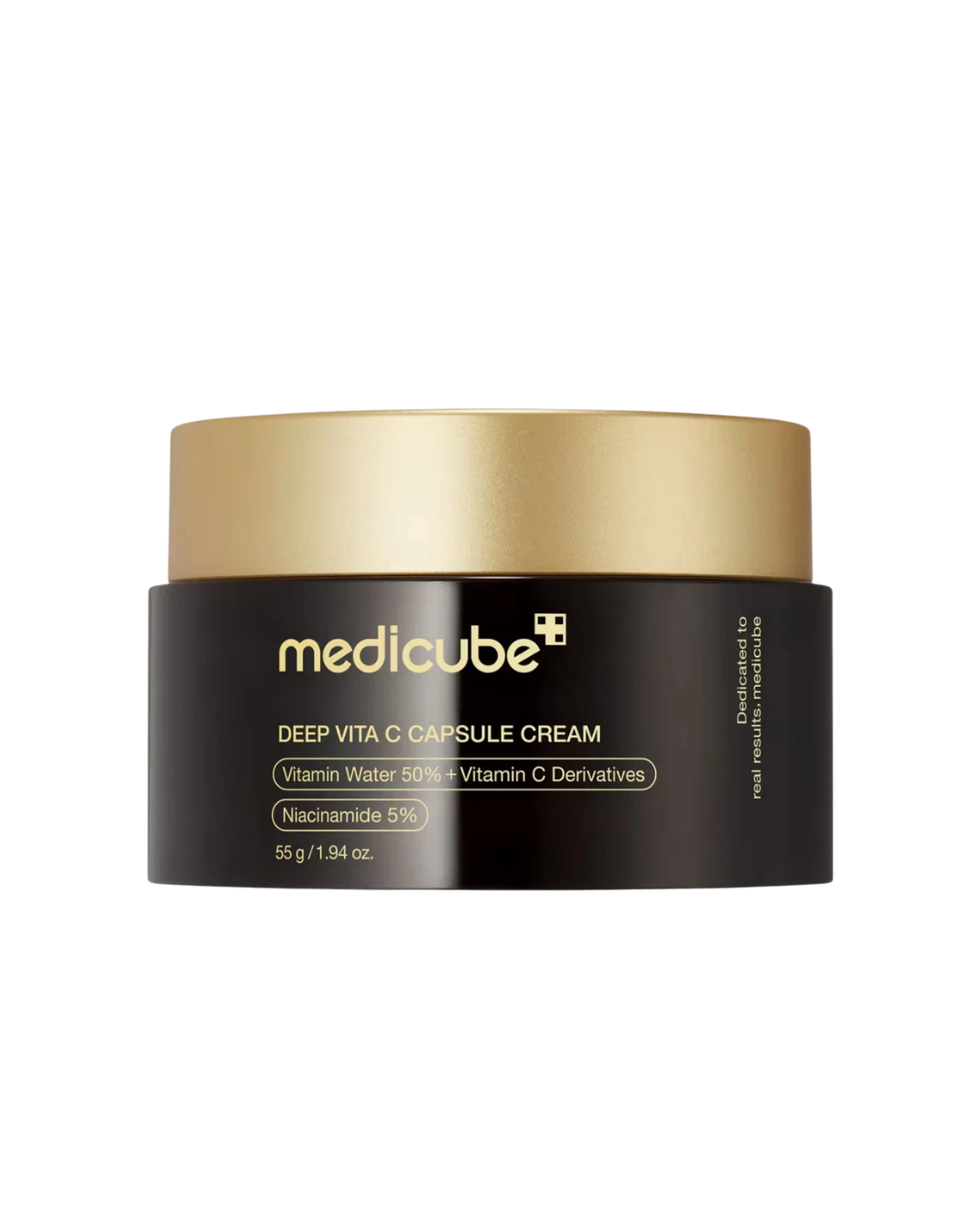 A jar of medicube Deep Vita C Capsule Cream with a black body and a metallic gold lid, shown on a plain white background.