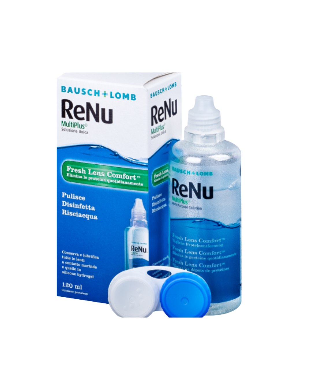 Bausch + Lomb ReNu MultiFocus contact lens solution bottle and box with a small white dropper cap on a plain white background.
