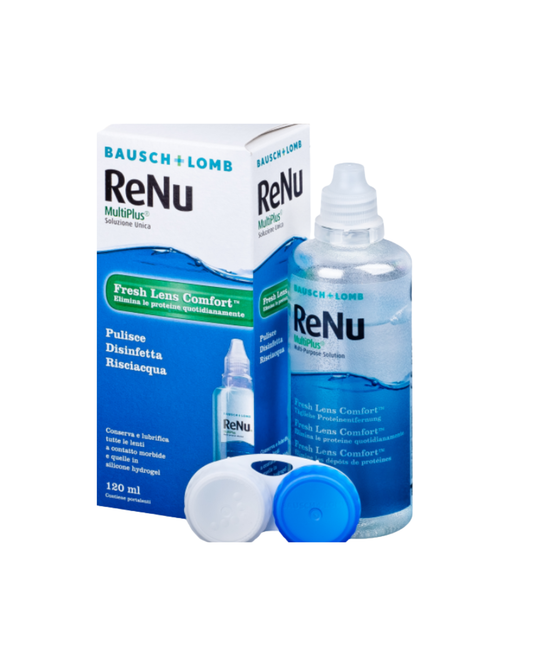 Bausch + Lomb ReNu MultiFocus contact lens solution bottle and box with a small white dropper cap on a plain white background.