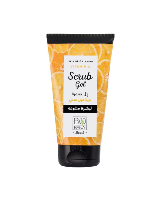 Tube of bobana scrub gel with orange design and black cap on a white background
