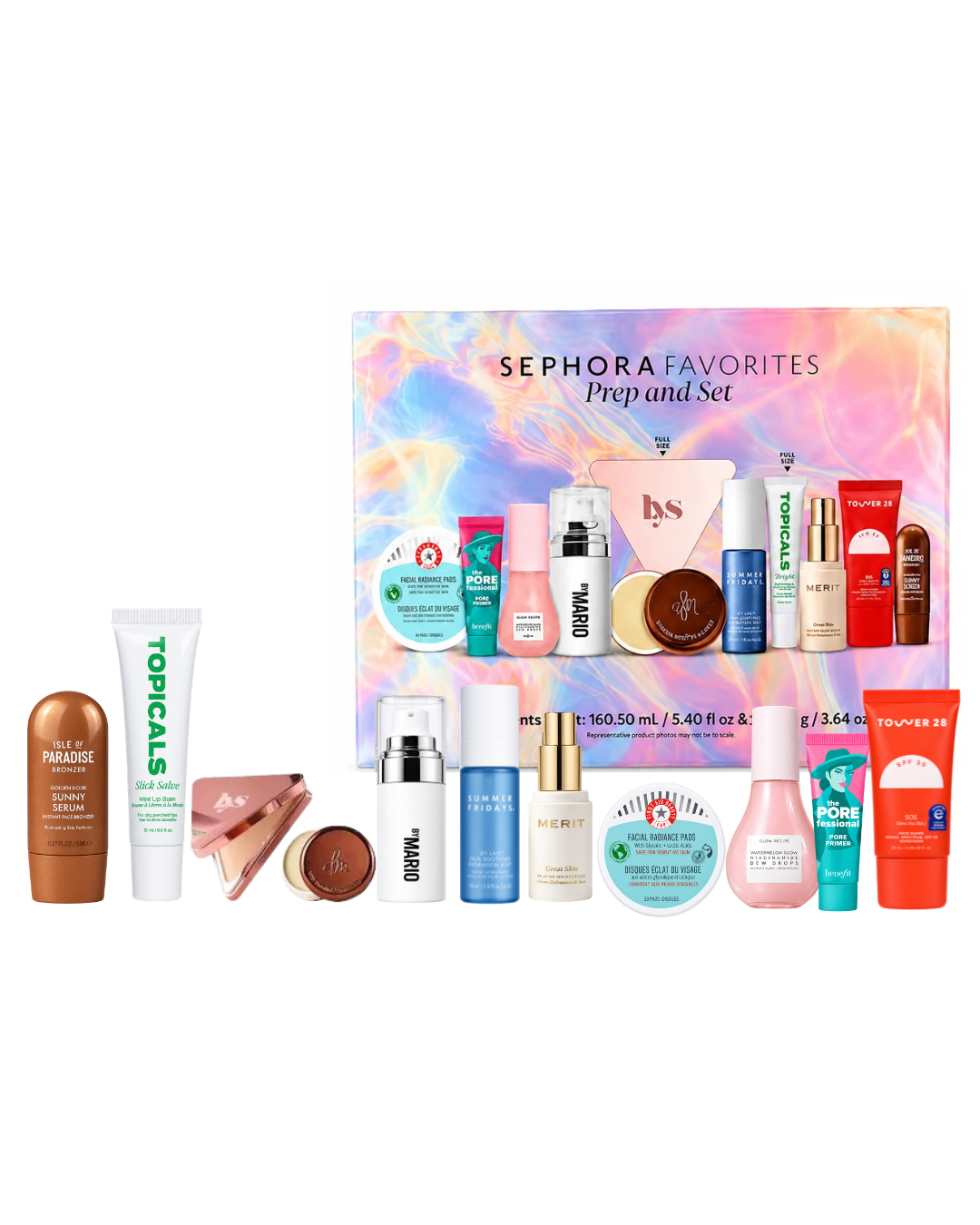 Sephora Favorites Prep and Set skincare gift set featuring a variety of cosmetic products including Topicals, Dr. Jabori, and Hanes, arranged in front of a colorful pastel iridescent gift box on a white background.
