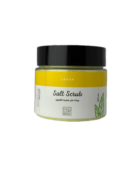 Jar of bobana salt scrub with a black lid on a white background