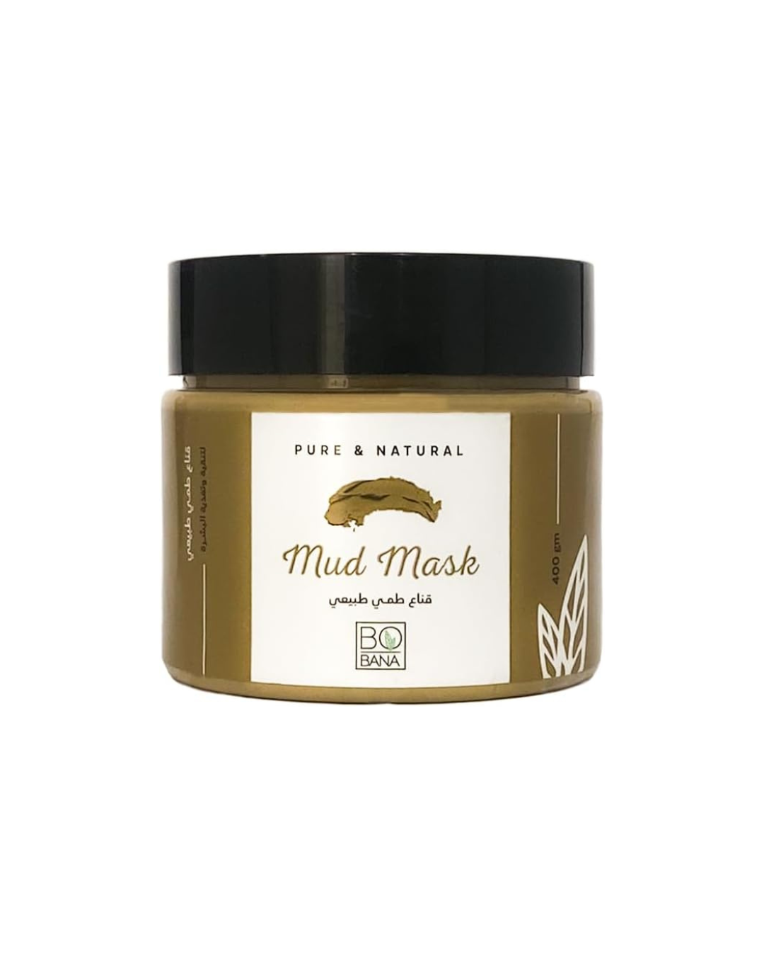 Jar of bobana mud mask with a black lid on a white background