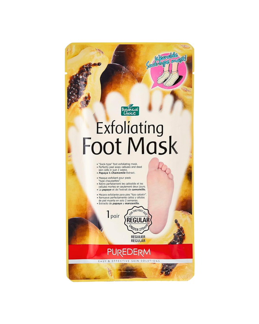 Exfoliating foot mask packaging with images of feet and exfoliating elements on a white background.