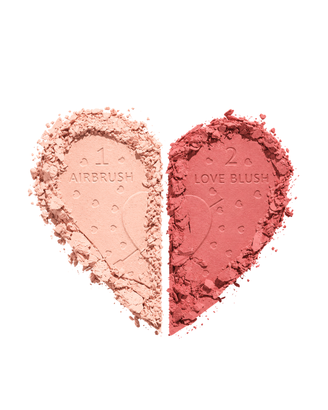 Two heart-shaped pressed powder blushes on a white background, labeled 1 AIRBRUSH and 2 LOVE BLUSH.
