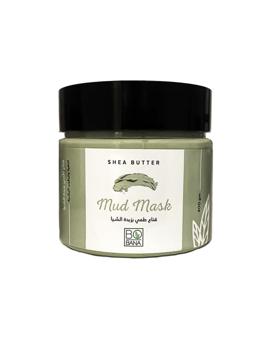 Jar of bobana shea butter mud mask with black lid on a white background