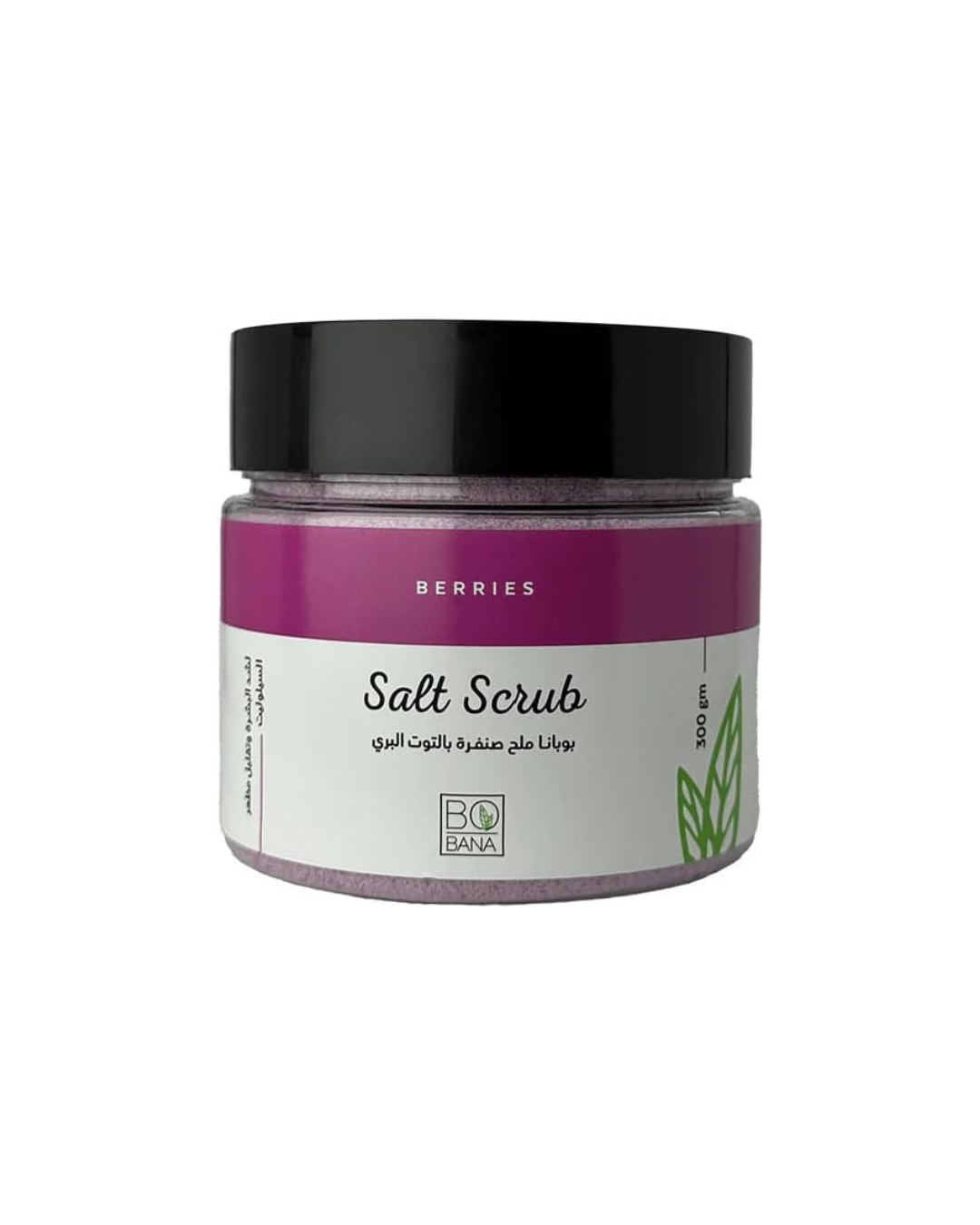 Jar of bobana salt scrub with a purple label on a white background