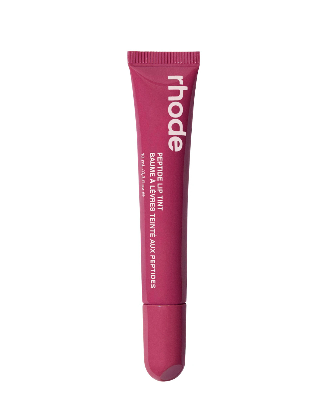 Rhode Equine Lip Tint tube in a deep magenta-pink color, featuring white text, shown on a solid white background.