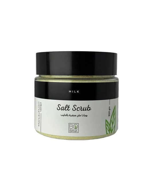 Jar of bobana salt scrub with black lid and white label on a white background