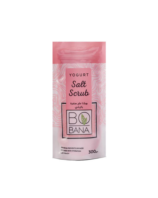 Yogurt salt scrub packaging with bobana branding on a white background