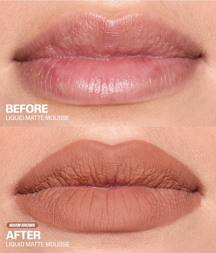 Close-up before-and-after comparison of lips wearing liquid matte mousse. The top shows natural pink lips labeled BEFORE, and the bottom shows matte warm brown lips labeled AFTER, with text reading BEFORE LIQUID MATTE MOUSSE and AFTER LIQUID MATTE MOUSSE.