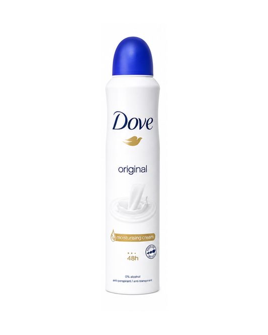 Dove deodorant spray bottle on a white background