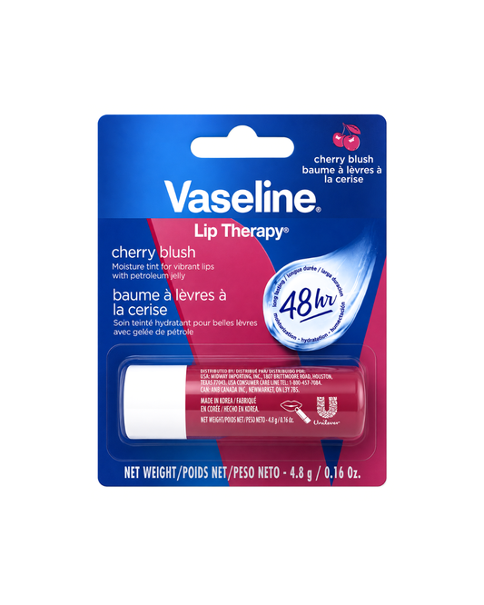 Vaseline Lip Therapy cherry blush lip balm in its original blue and pink blister card packaging, featuring the U.S.