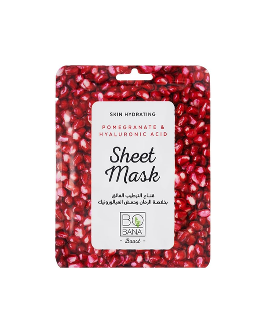 Bobana Sheet mask packaging with pomegranate seeds on a white background